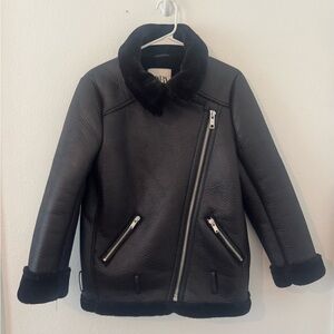 Zara Black Double Faced Biker Jacket Faux Leather Oversized Size XS *NO BELT*